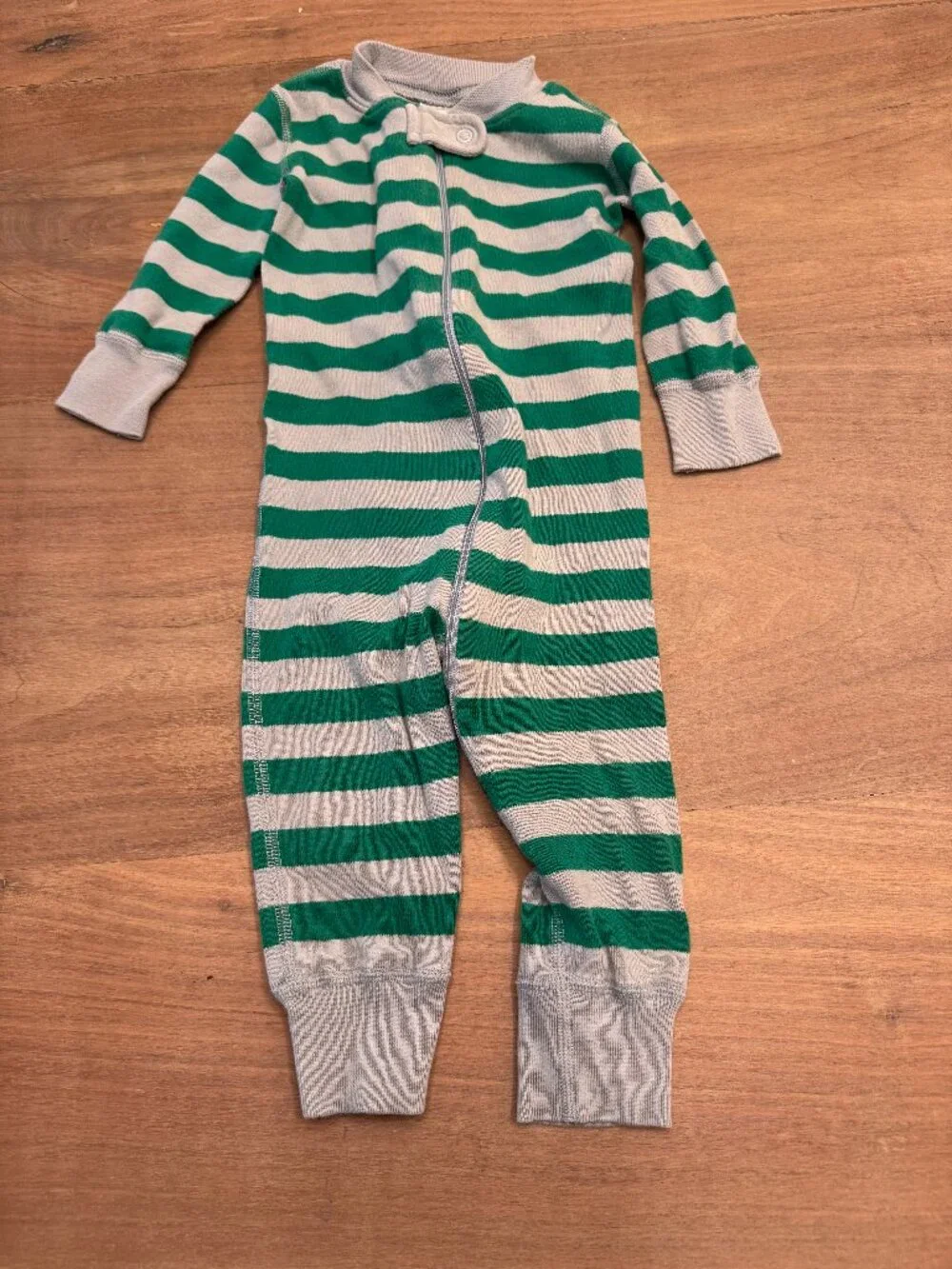 Hanna Andersson Green Gray Striped Zip Romper Sleeper 9-12M